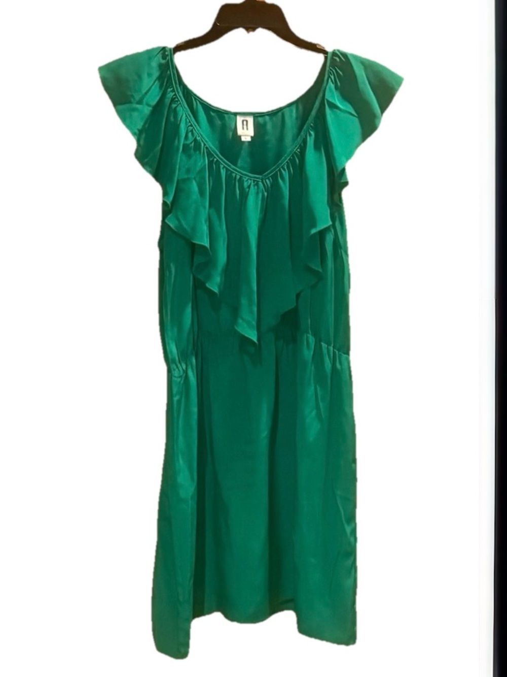 A New York 100% Silk Emerald Green Sleeveless Dress Ruffle Scoop Neck Size Large